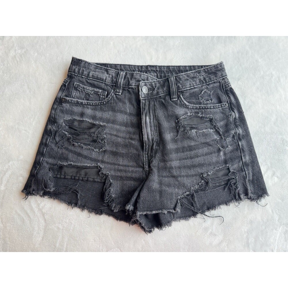 American Eagle  Mom Jean Shorts Womens 6 Black Distressed High Rise Cutoff